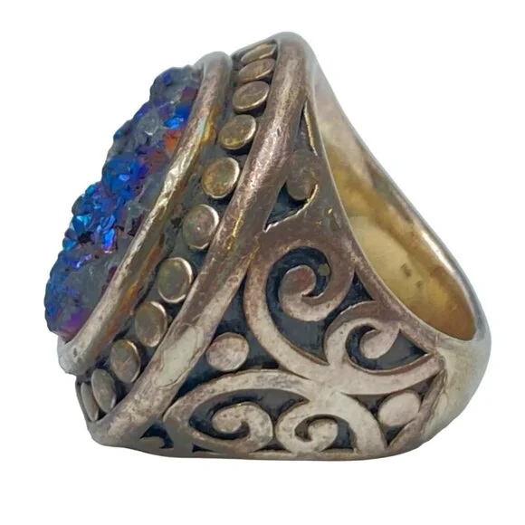 Vintage Druzy Stone Silver Ring Size 8 Opalescent Iridescent Crystals MARKED - Picture 5 of 10